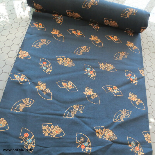 Musterfächer auf petrol Chirimen Kimono Seiden Crepe