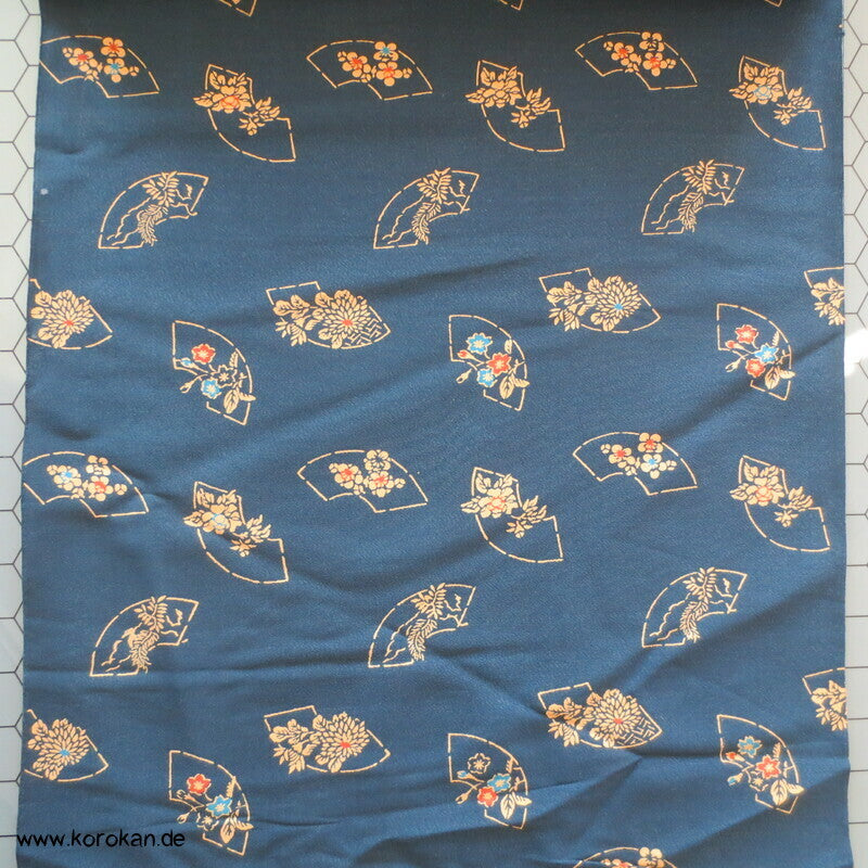 Musterfächer auf petrol Chirimen Kimono Seiden Crepe