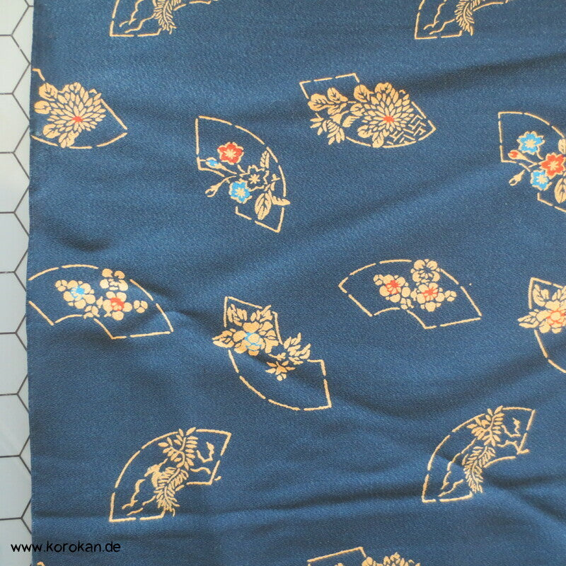 Musterfächer auf petrol Chirimen Kimono Seiden Crepe