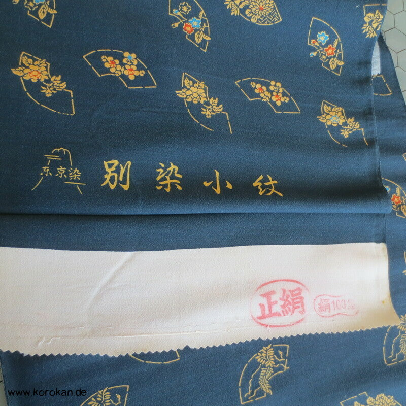 Musterfächer auf petrol Chirimen Kimono Seiden Crepe