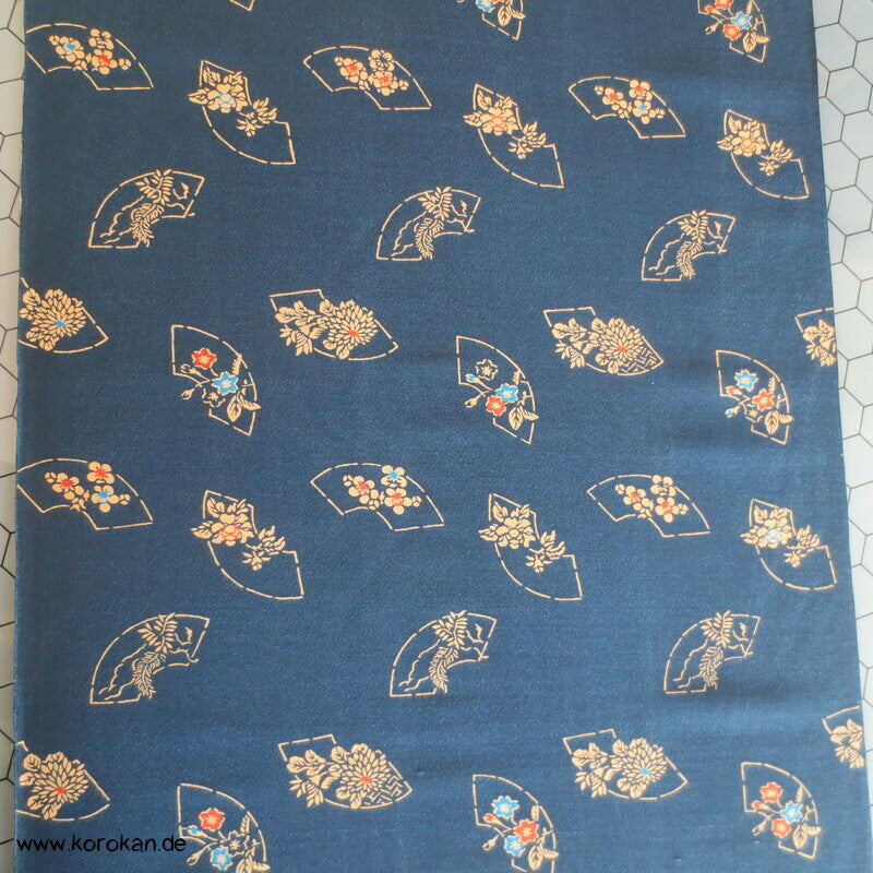 Musterfächer auf petrol Chirimen Kimono Seiden Crepe