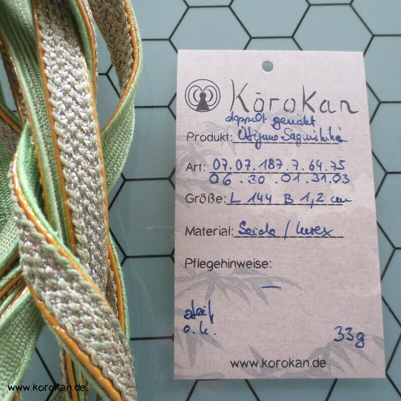 hellgrün silber Obijime, Seide / Lurex, doppellagig genäht