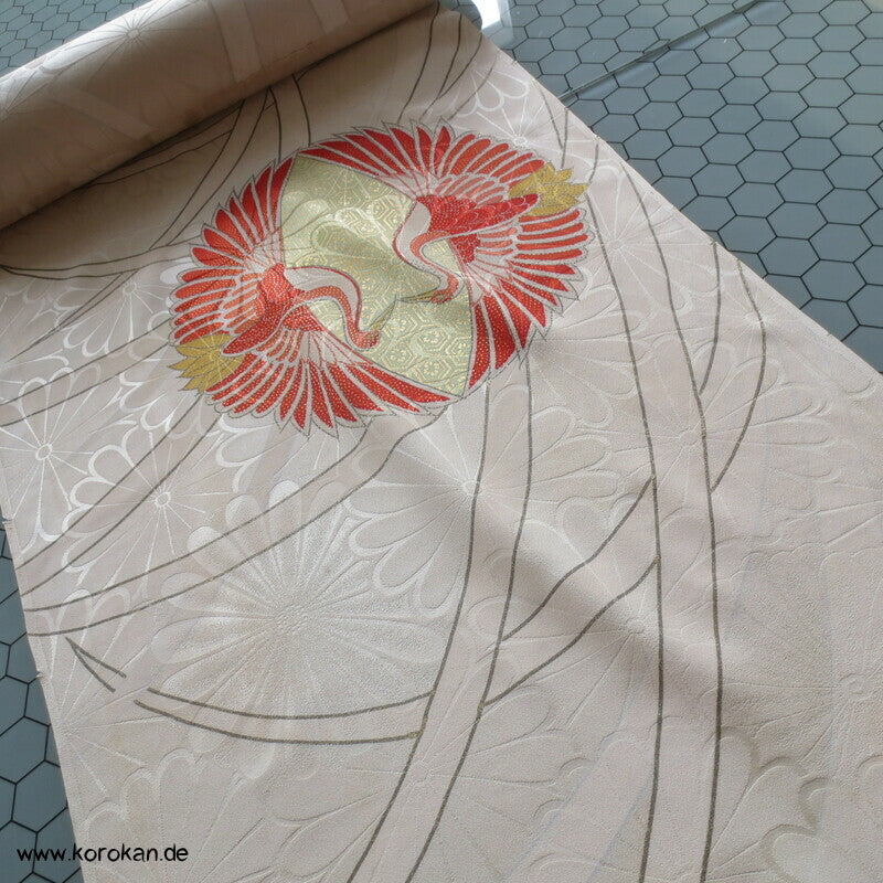 Araihari Furisode Kranich Seidendamast mit Stickerei