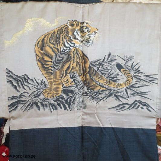gewebter Tiger Futter, Haori Kimono Jacke - dunkelblaue Tsumugi Seide