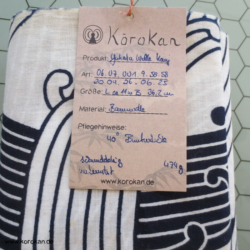 Wellen und Kanji originalgehefteter japanischer Yukata Kimono Baumwoll Stoff