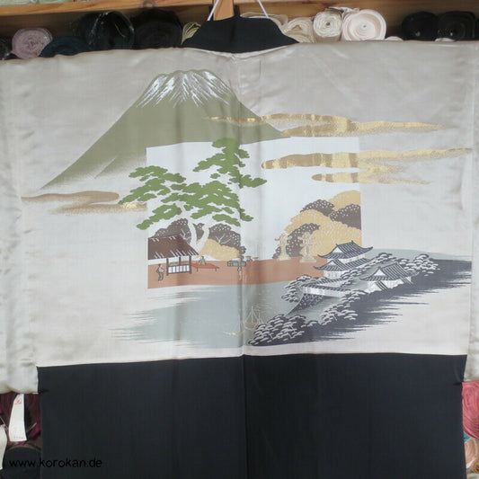 Haori Kimono schwarzer Seidencrepe Jacke, gewebtes Futterbild, 5 Mon