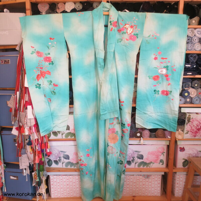 türkis Bokashi, üppige Stickerei Araihari Stoffstücke Seiden Karieba Furisode