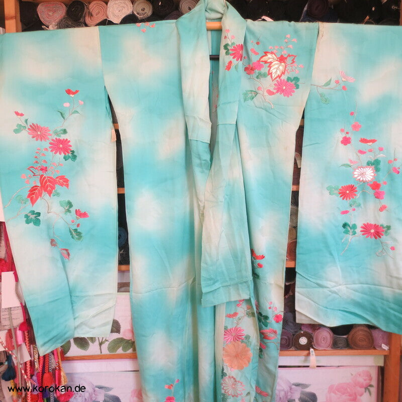 türkis Bokashi, üppige Stickerei Araihari Stoffstücke Seiden Karieba Furisode