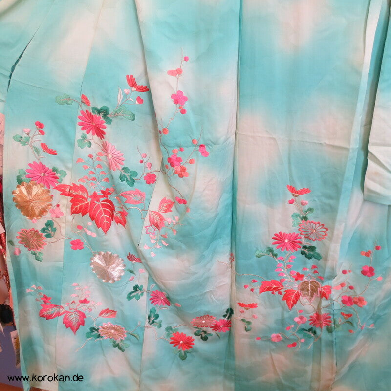 türkis Bokashi, üppige Stickerei Araihari Stoffstücke Seiden Karieba Furisode
