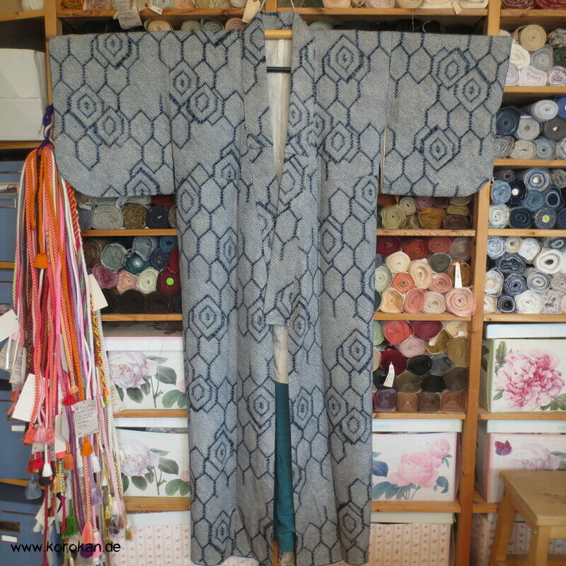 Komon Kimono Full Shibori Seiden Kikko Sechsecke
