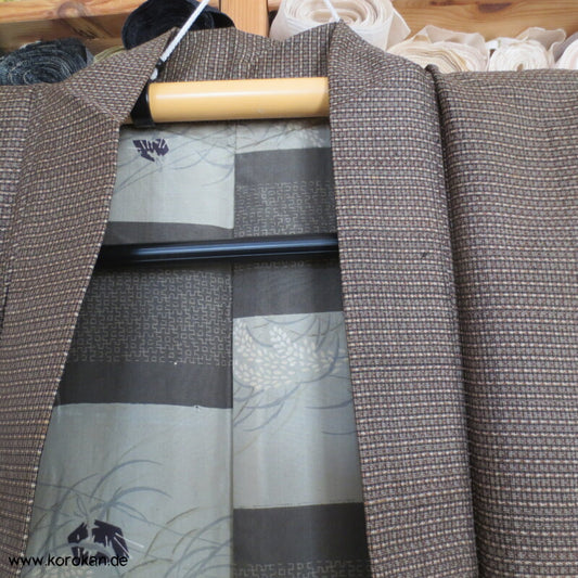 hellbraune Kasuri Tsumugi Seide Haori Kimono Jacke, Reisgarbenfutter