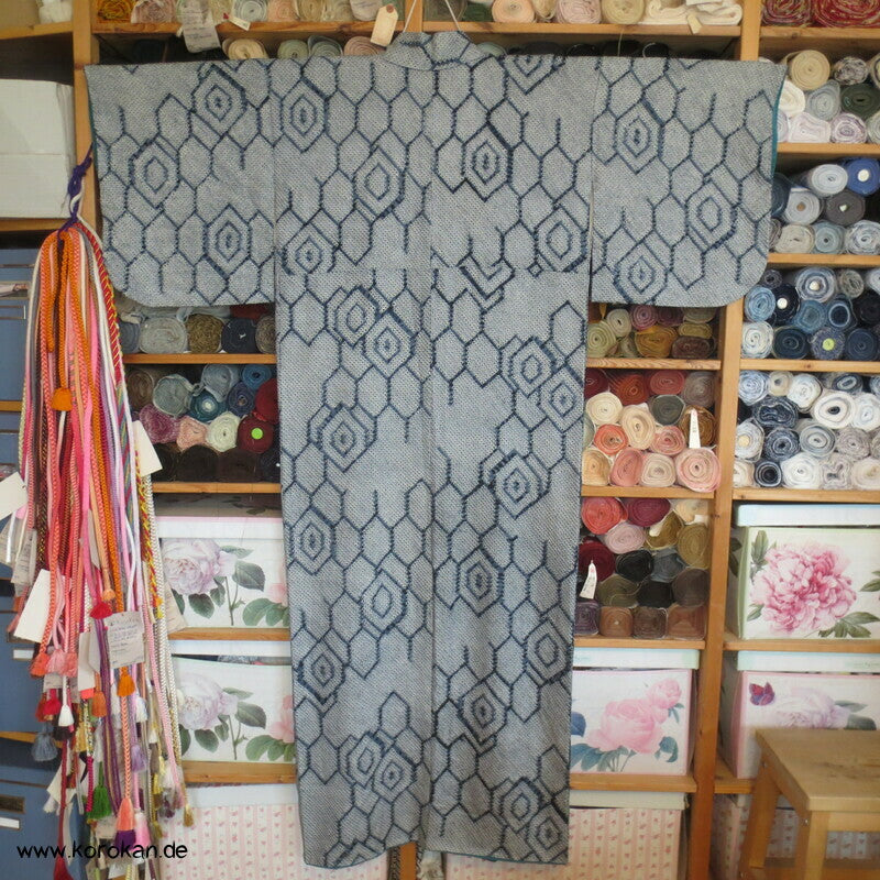 Komon Kimono Full Shibori Seiden Kikko Sechsecke