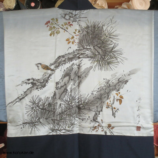 Spatz im Baum gemaltes Futter, Haori Tsumugi Seide Kimono Jacke