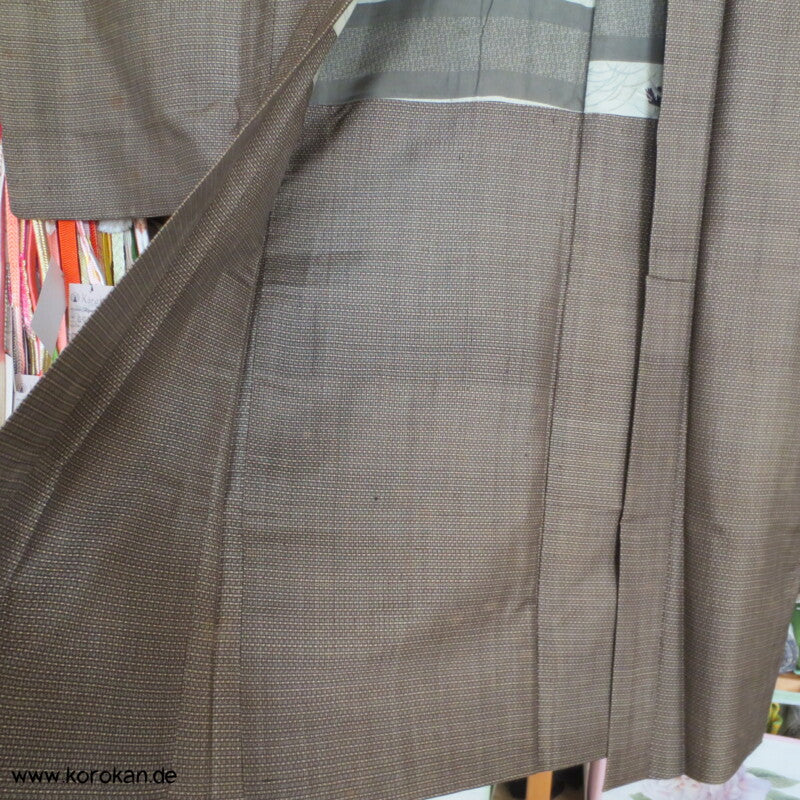 hellbraune Kasuri Tsumugi Seide Haori Kimono Jacke, Reisgarbenfutter