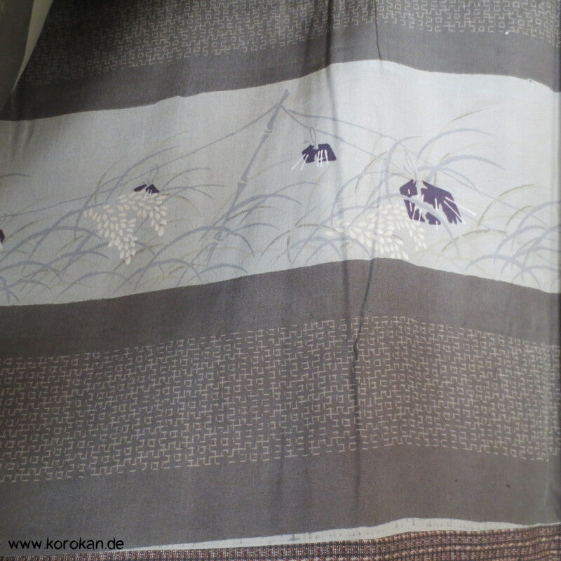 hellbraune Kasuri Tsumugi Seide Haori Kimono Jacke, Reisgarbenfutter