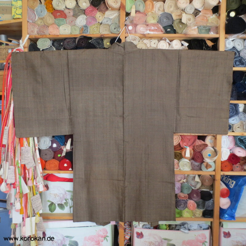 hellbraune Kasuri Tsumugi Seide Haori Kimono Jacke, Reisgarbenfutter