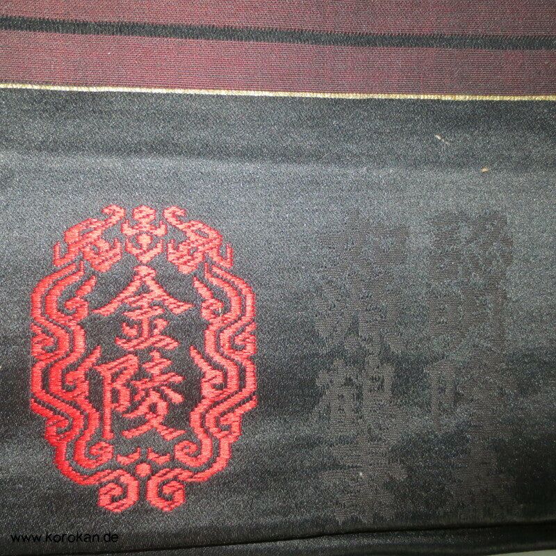 handgemalter Tempel Antiker Fukuro Obi, schwarzer Seiden Satin