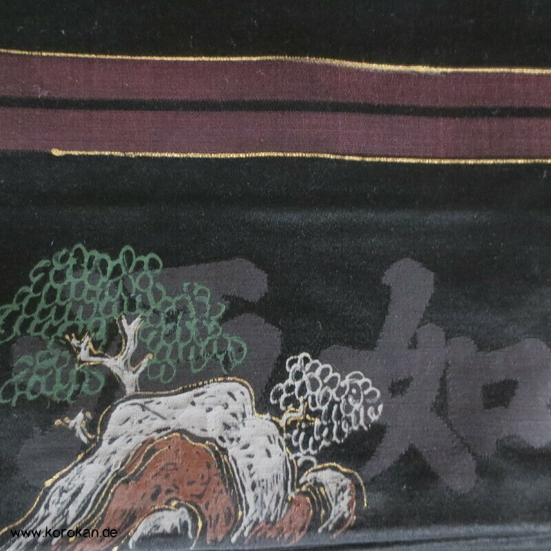 handgemalter Tempel Antiker Fukuro Obi, schwarzer Seiden Satin