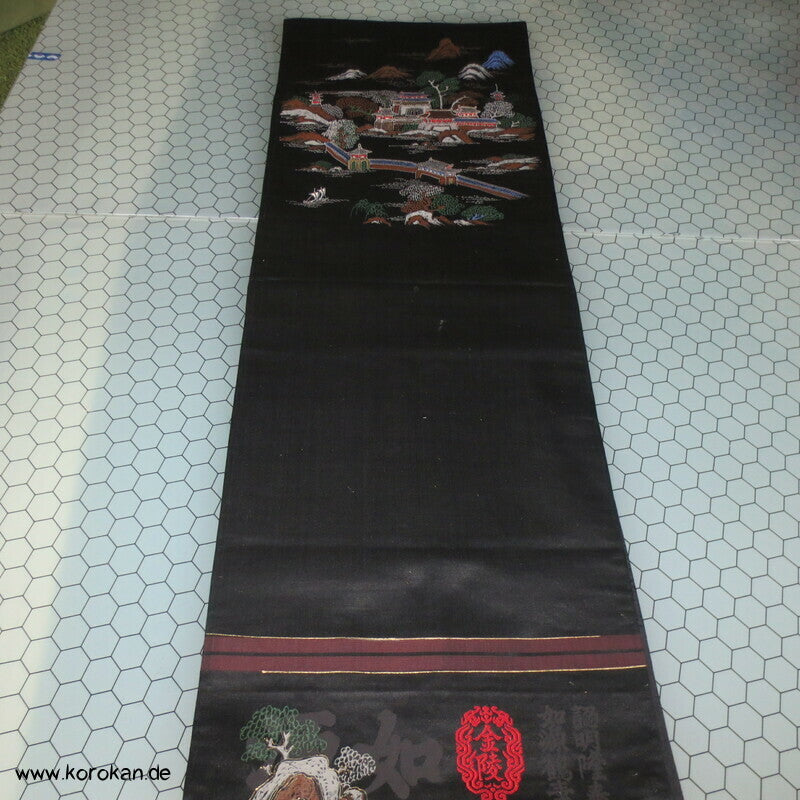 handgemalter Tempel Antiker Fukuro Obi, schwarzer Seiden Satin
