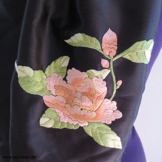 gestickter Pfingstrosen Schal, schwarz, rosa, grün