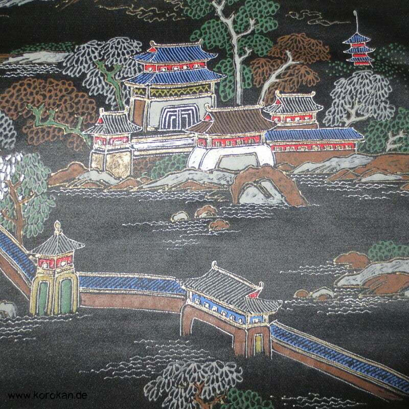handgemalter Tempel Antiker Fukuro Obi, schwarzer Seiden Satin