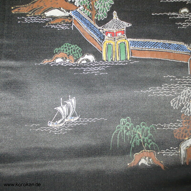 handgemalter Tempel Antiker Fukuro Obi, schwarzer Seiden Satin