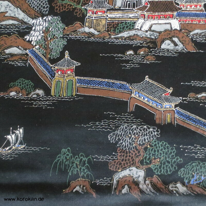 handgemalter Tempel Antiker Fukuro Obi, schwarzer Seiden Satin