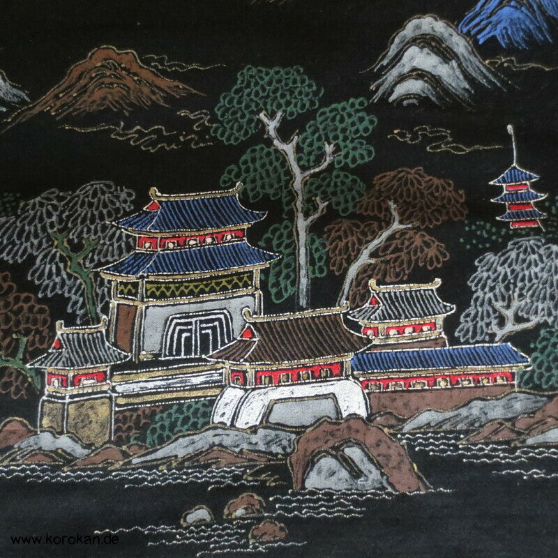 handgemalter Tempel Antiker Fukuro Obi, schwarzer Seiden Satin