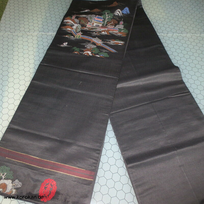 handgemalter Tempel Antiker Fukuro Obi, schwarzer Seiden Satin