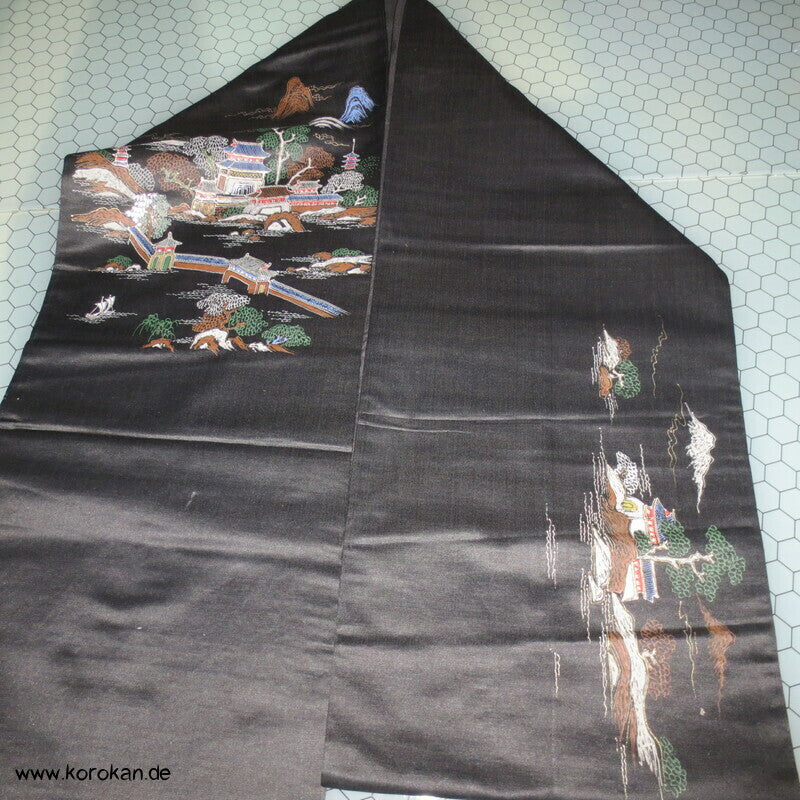 handgemalter Tempel Antiker Fukuro Obi, schwarzer Seiden Satin
