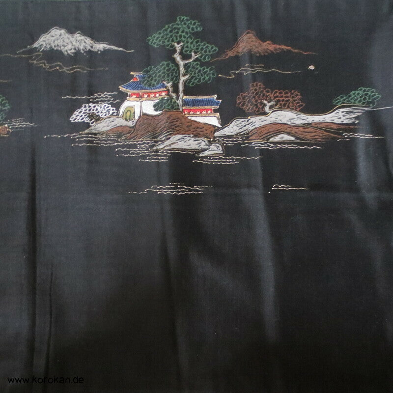 handgemalter Tempel Antiker Fukuro Obi, schwarzer Seiden Satin