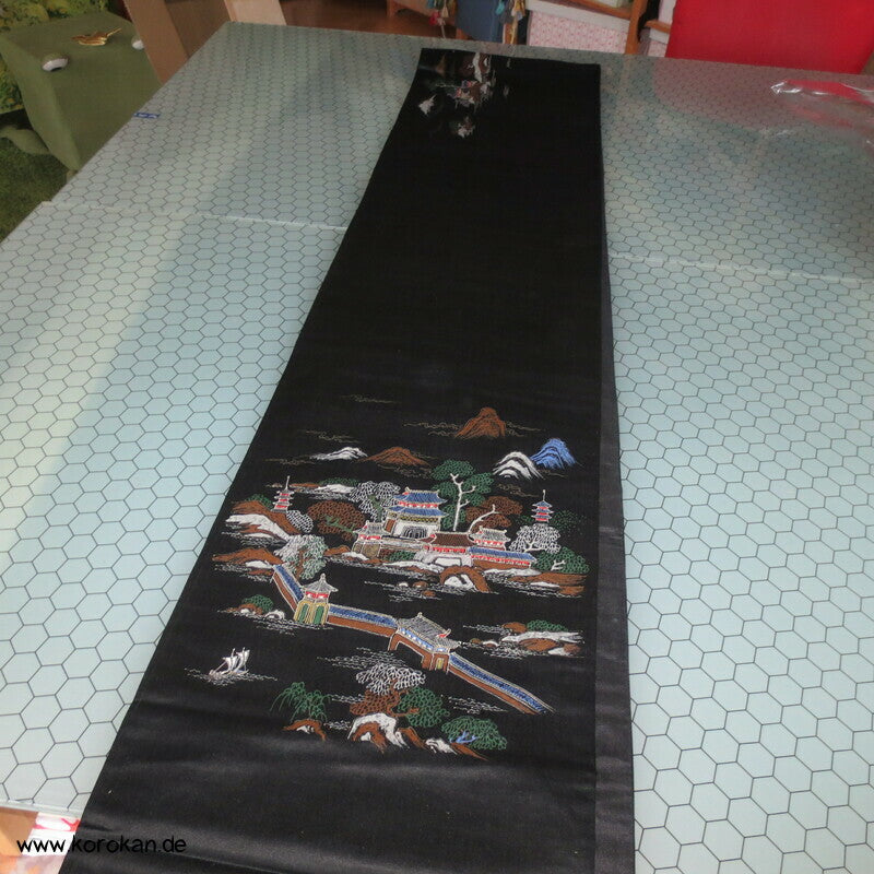 handgemalter Tempel Antiker Fukuro Obi, schwarzer Seiden Satin