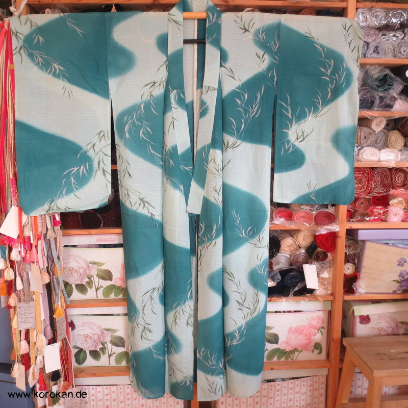 türkises Flussmuster mit Bambus Hitoe Rho Kimono