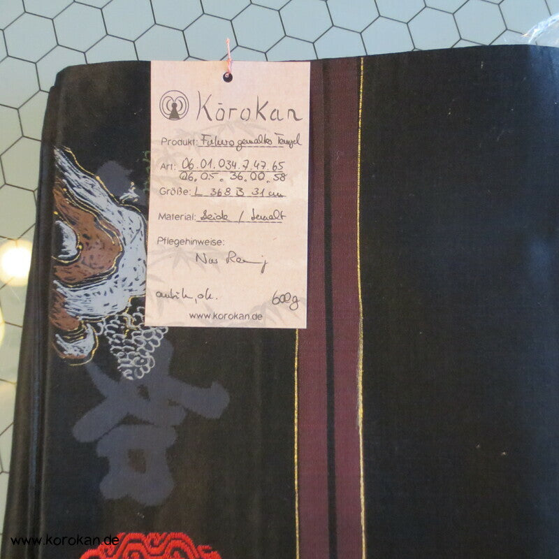 handgemalter Tempel Antiker Fukuro Obi, schwarzer Seiden Satin