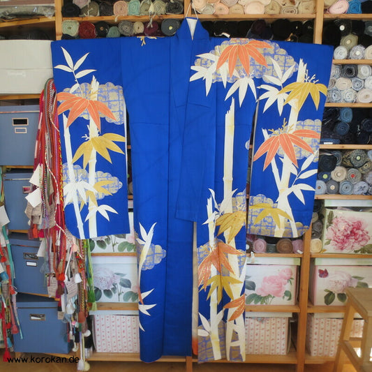 großer Bambus auf kobaltblau Furisode Seiden Kimono