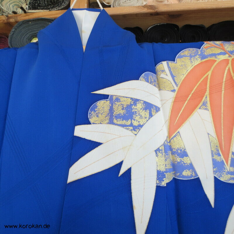 großer Bambus auf kobaltblau Furisode Seiden Kimono