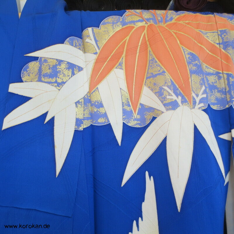 großer Bambus auf kobaltblau Furisode Seiden Kimono