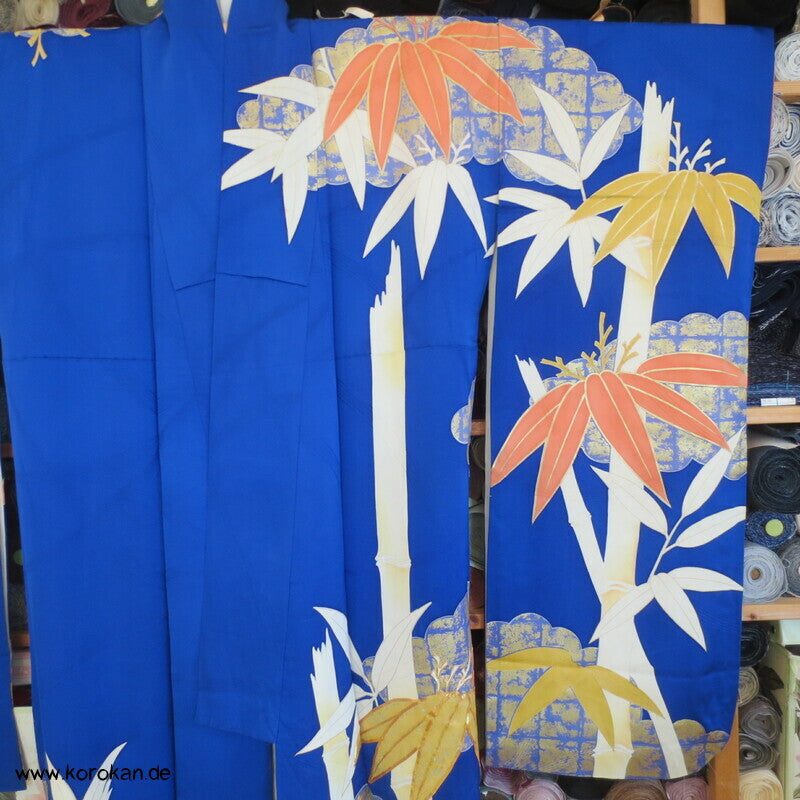 großer Bambus auf kobaltblau Furisode Seiden Kimono