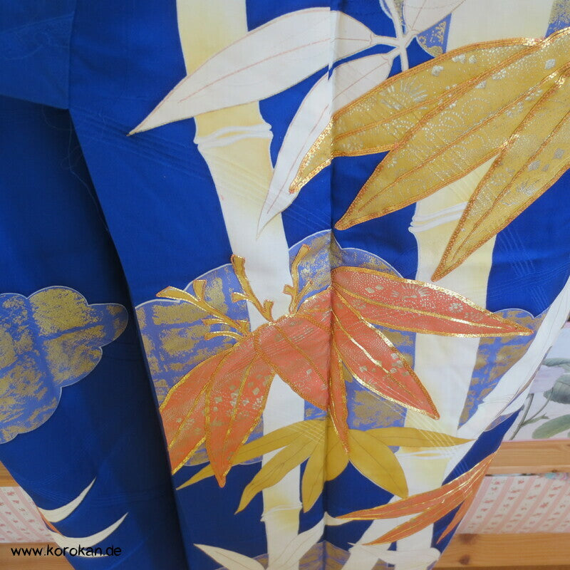 großer Bambus auf kobaltblau Furisode Seiden Kimono