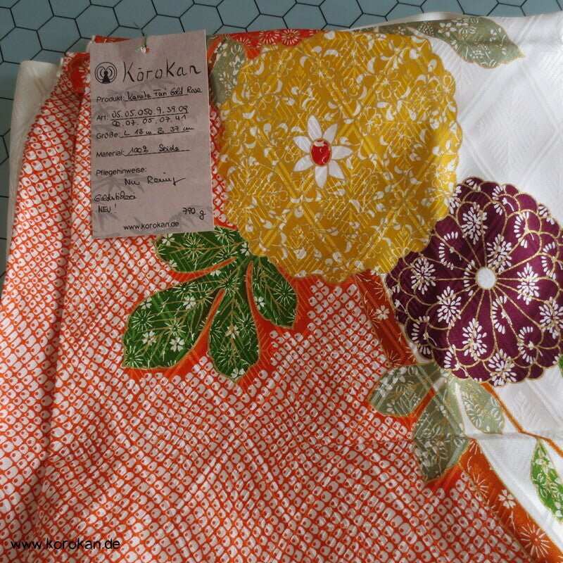 Rose, Kanoko Furisode Kimono, Seidendamast Karieba Stoff, Goldstickerei