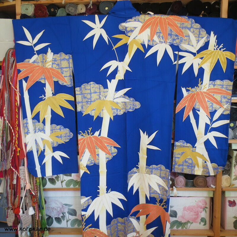 großer Bambus auf kobaltblau Furisode Seiden Kimono