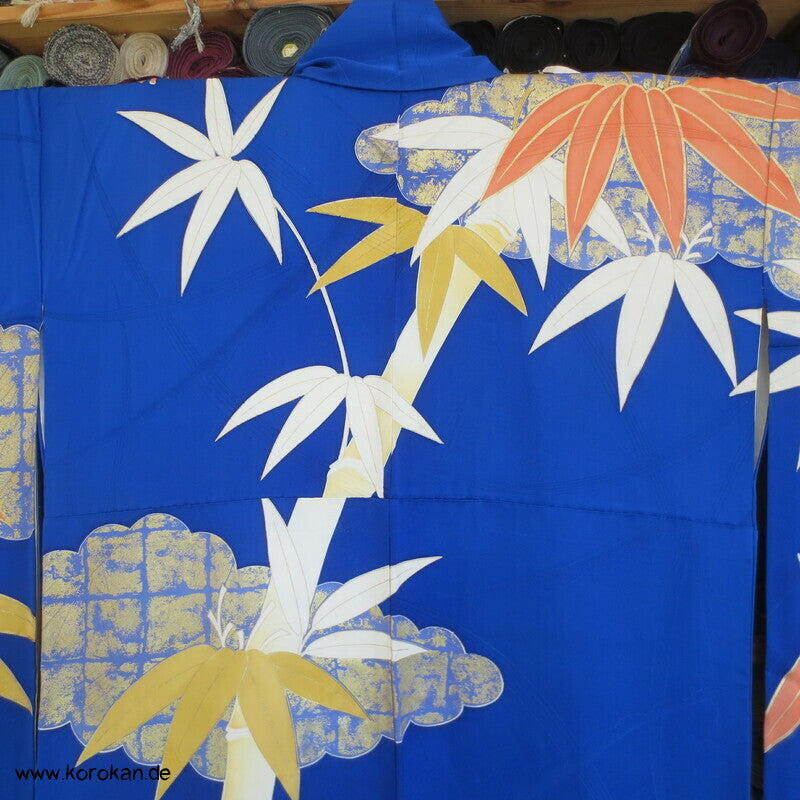 großer Bambus auf kobaltblau Furisode Seiden Kimono
