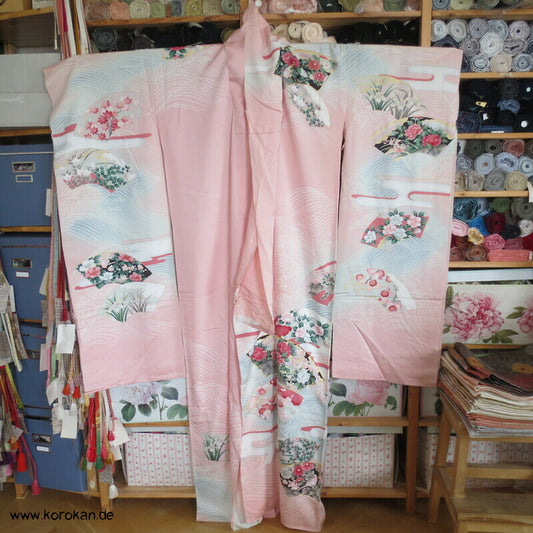 Vier Jahreszeiten Fächer, Wellen Furisode Kimono, Seidencrepe Karieba Stoff