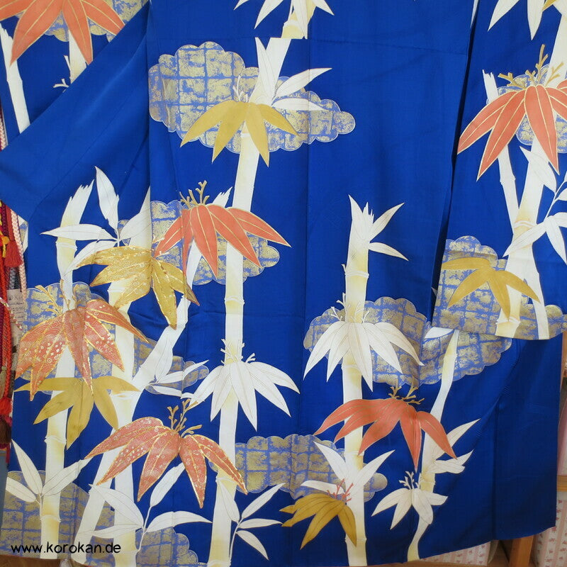 großer Bambus auf kobaltblau Furisode Seiden Kimono