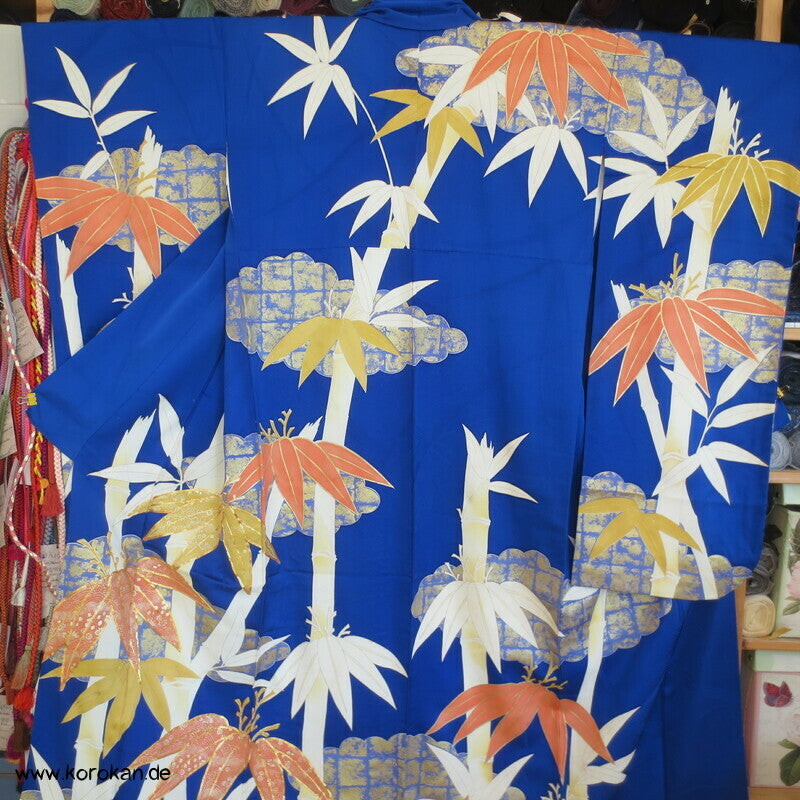 großer Bambus auf kobaltblau Furisode Seiden Kimono