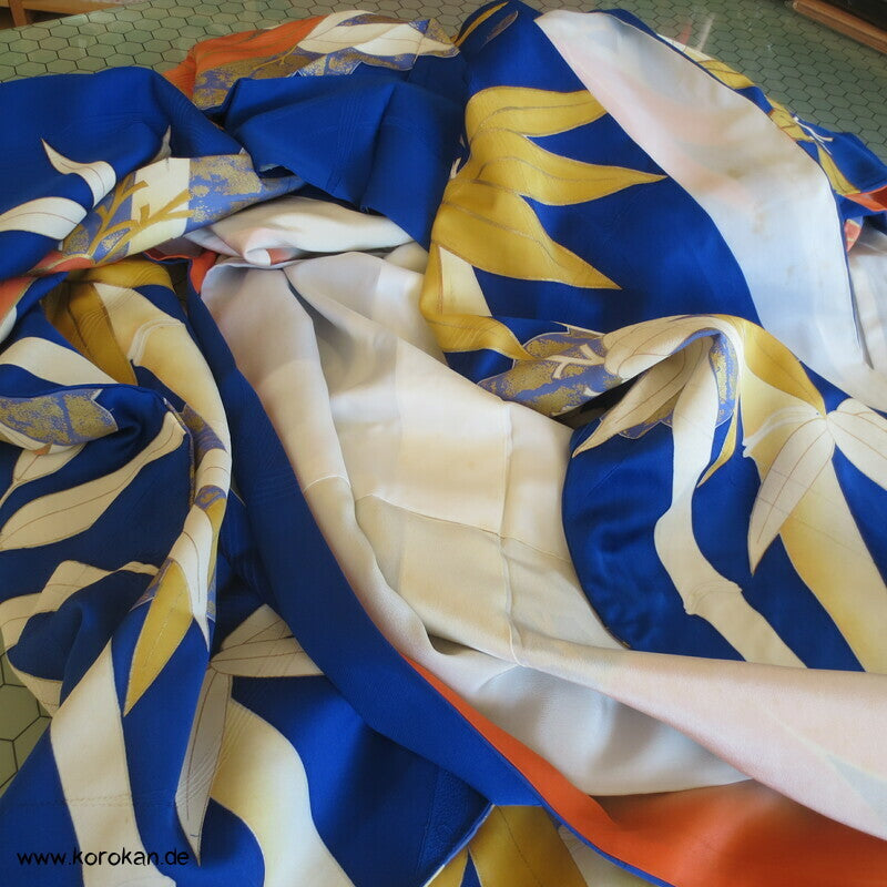 großer Bambus auf kobaltblau Furisode Seiden Kimono
