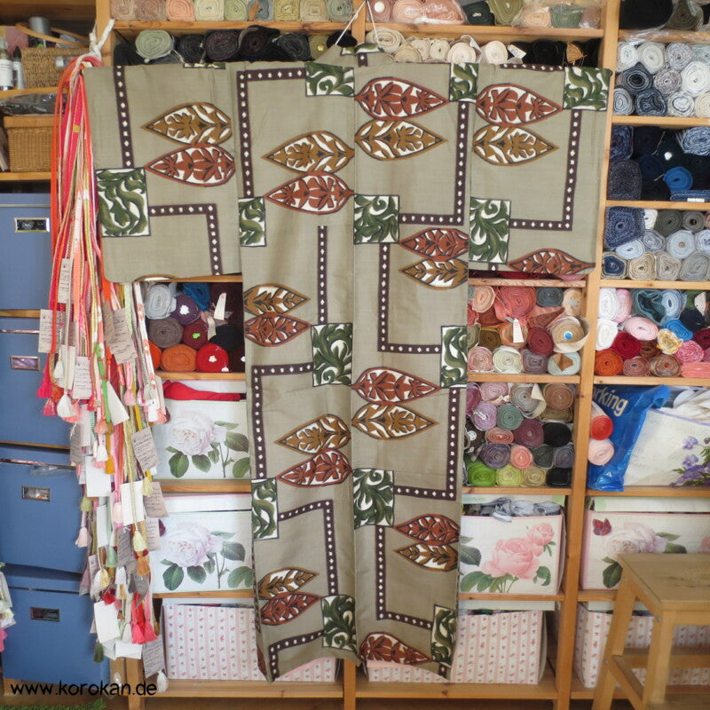 Japan Art Deco Blätter Meisen Seiden Kimono