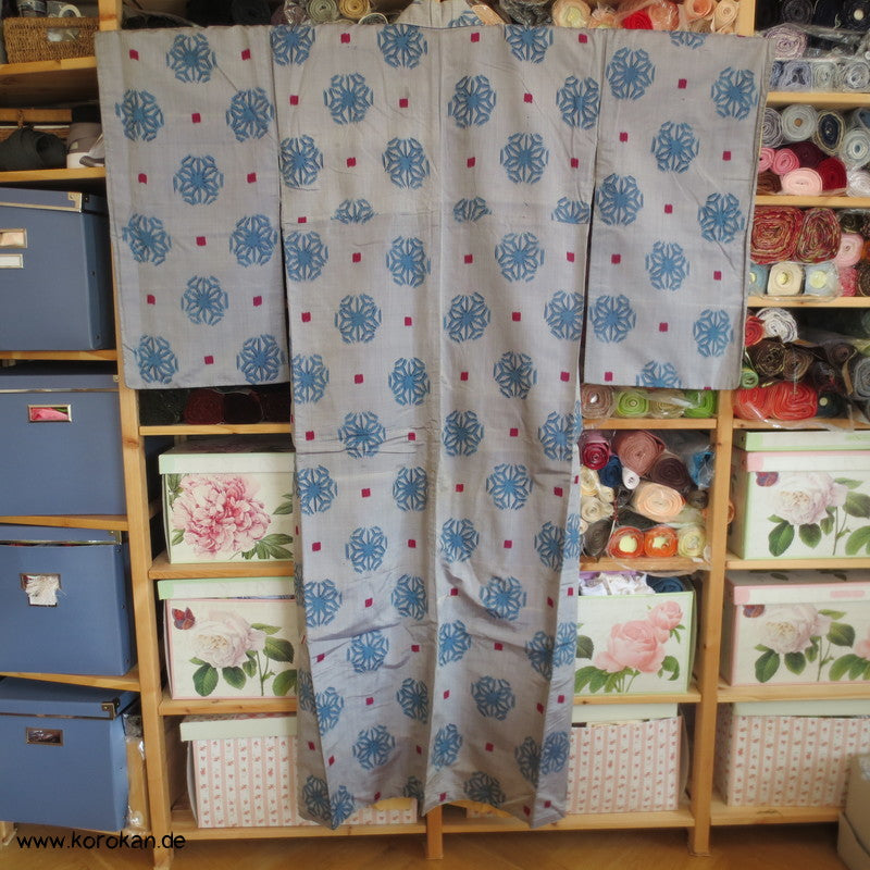 Asanoha Schneeflocken und rote Quadrate Meisen Seiden Kimono