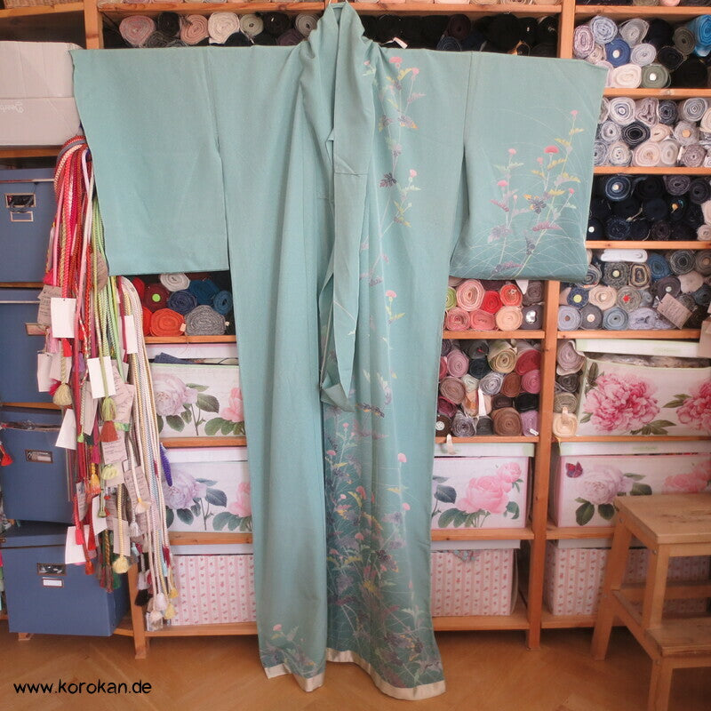 Disteln auf helltürkis Homongi, Seiden Karieba