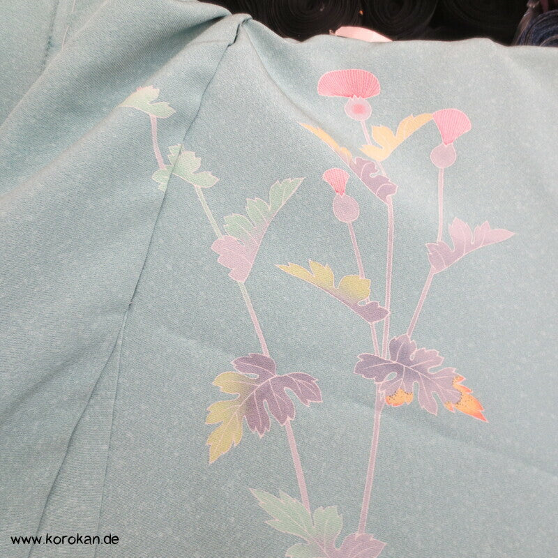 Disteln auf helltürkis Homongi, Seiden Karieba